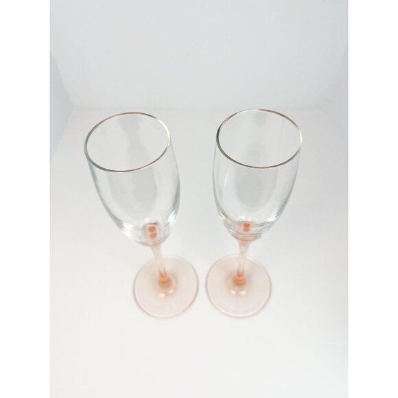 Set of 2 vintage 80s pink stem champagne flutes by Luminarc - Picture 3 of 4